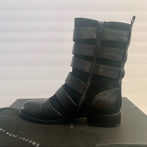Marc By Marc Jacobs Gold Buckle Black Boots Moto Chic Leather Suede Straps - Picture 7 of 9